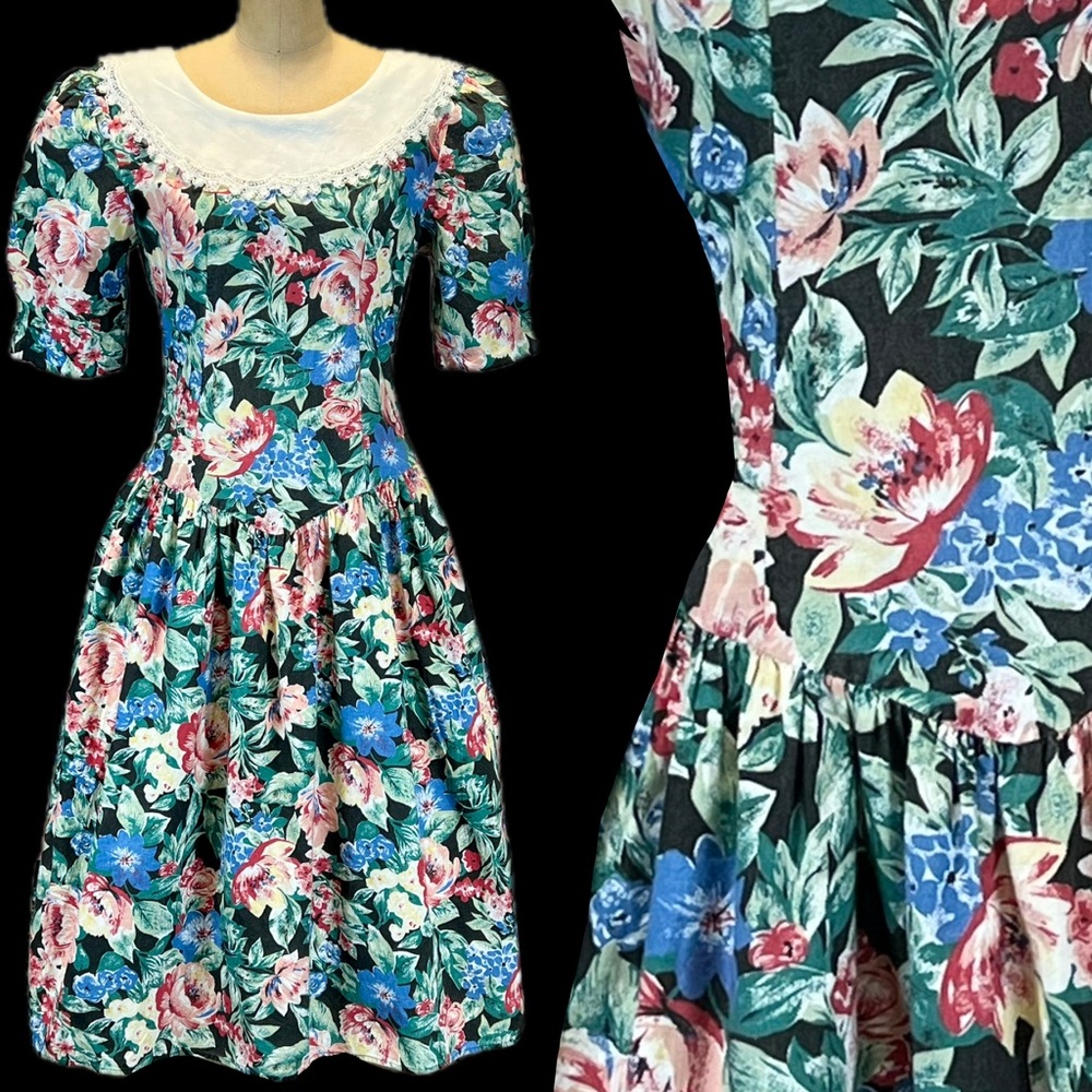 VINTAGE 80s flower garden party dress fit flare puff sleeve full‎ skirt floral